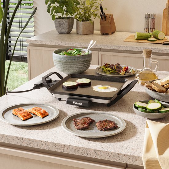 Plaque de cuisson Tristar - BP-2666 - Gourmet, plaque de grill S 28 x 28 cm - 2 personnes - 800 W - Thermostat réglable - Adaptée au camping