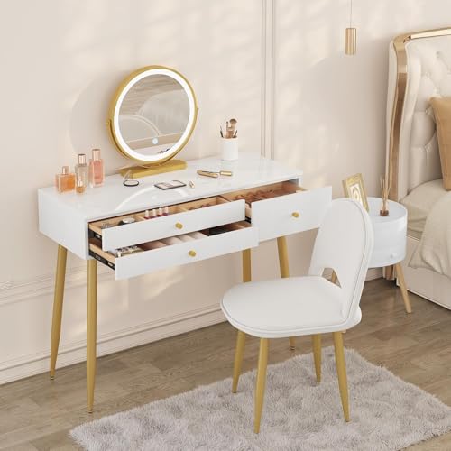 Woltu Make-up Table MB6105ws avec tabouret et miroir LED - Bureau de maquillage en bois avec éclairage réglable, 3 tiroirs, siège en velours avec dossier - blanc, crème et or - 100x40 cm