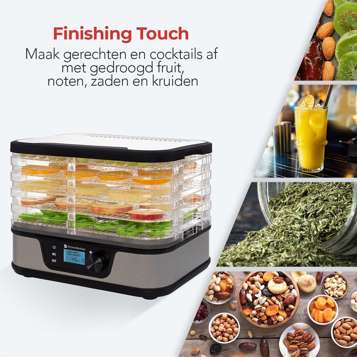Séchoir à aliments - KitchenBrothers - électrique 380W - 5 couches - 9 niveaux de chaleur - 35°C à 75°C - minuterie - acier inoxydable/noir