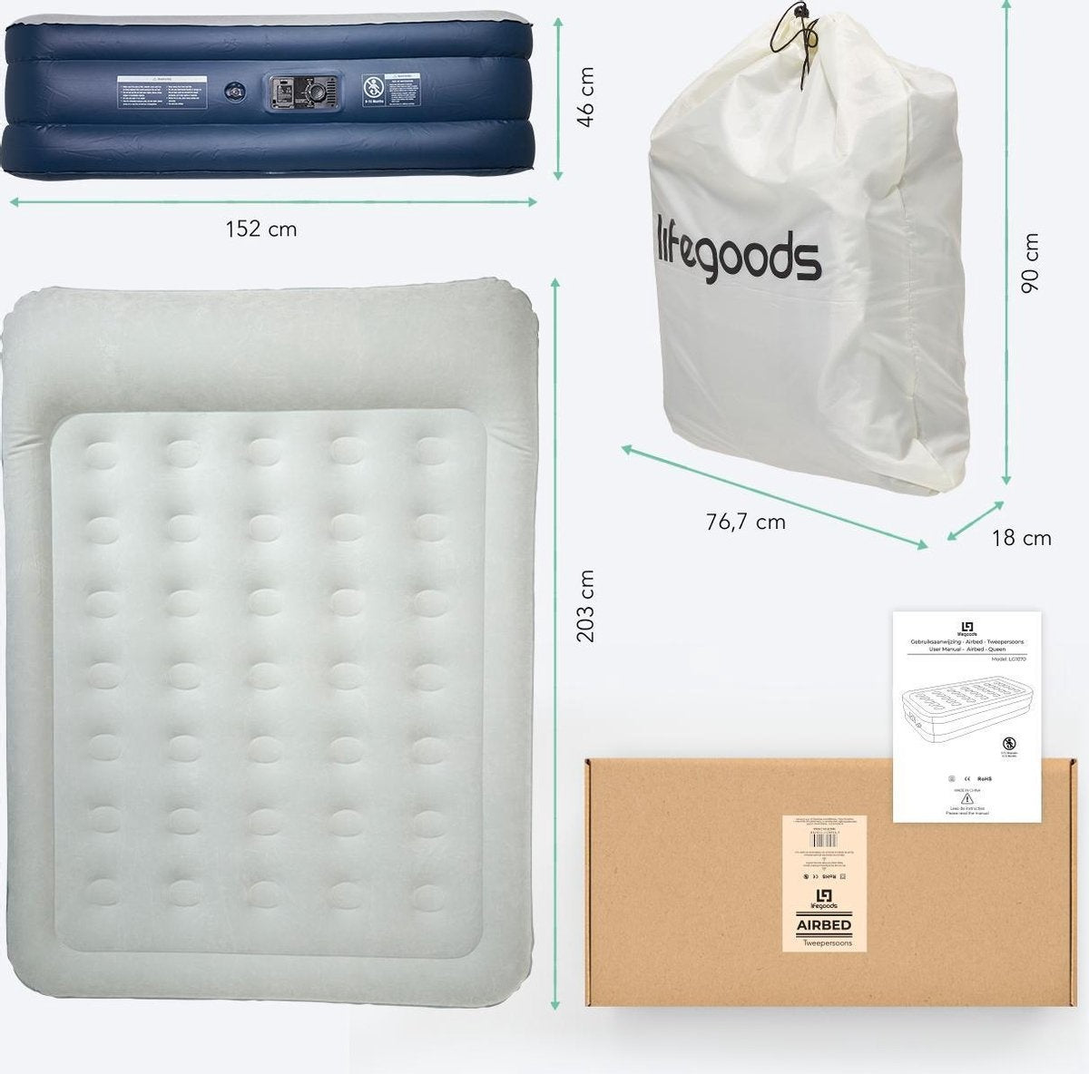 Lit gonflable LifeGoods - 2 personnes - Avec pompe intégrée - Sac de transport et kit de réparation inclus - Bleu