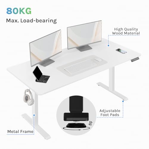 Woltu Bureau électrique réglable - Blanc - 160 x 70 cm - 72 à 120 cm de hauteur - Avec chargeur USB et modes de mémorisation