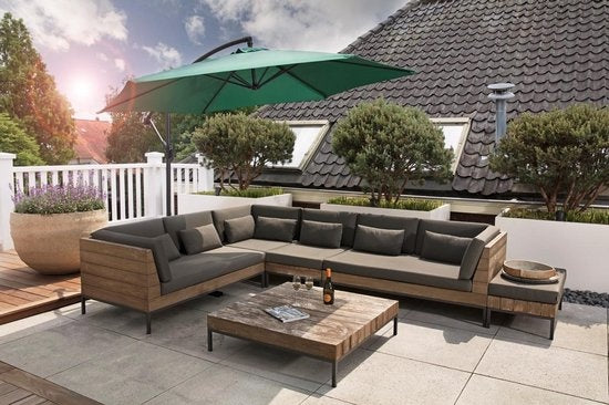 909 OUTDOOR Parasol suspendu vert foncé 2,5 m de haut, Parasol de jardin avec armature et housse en acier, Parasol avec manivelle et fonction d'inclinaison, Diamètre 300 cm
