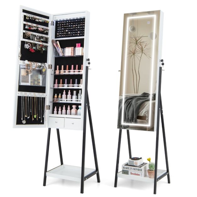 Armoire à bijoux avec miroir - Coast - LED - Blanc/Noir - 3 piles AA - 41x35x160 cm
