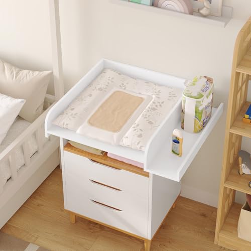 Plan à langer Woltu avec bord de protection et support de rangement - Blanc - 80 x 70 x 16,5 cm