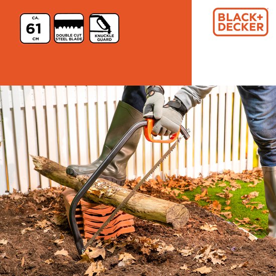 BLACK+DECKER Scie à archet - 24"/ 61CM - Poignée souple et confortable - Absorption des chocs - Protection des articulations - Acier - Noir/Orange