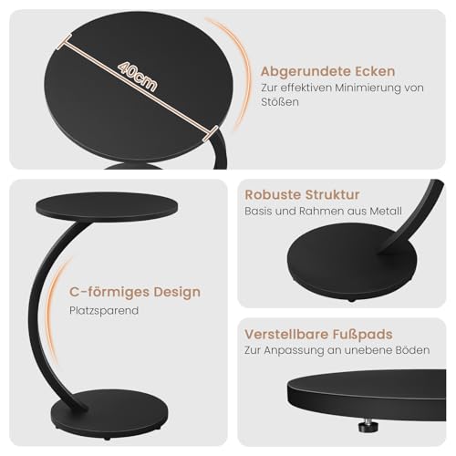 Woltu Side Table C-Shape Round - Métal noir & MDF - Ø 40 x H 65 cm - Compact et industriel