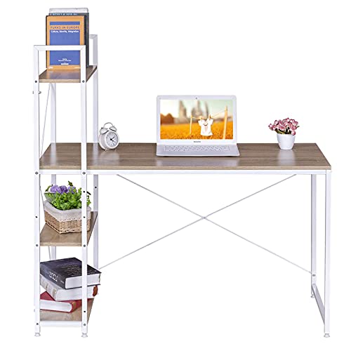 Table d'ordinateur Woltu chêne clair + blanc avec 4 casiers de rangement - Poste de travail spacieux 120x64 cm