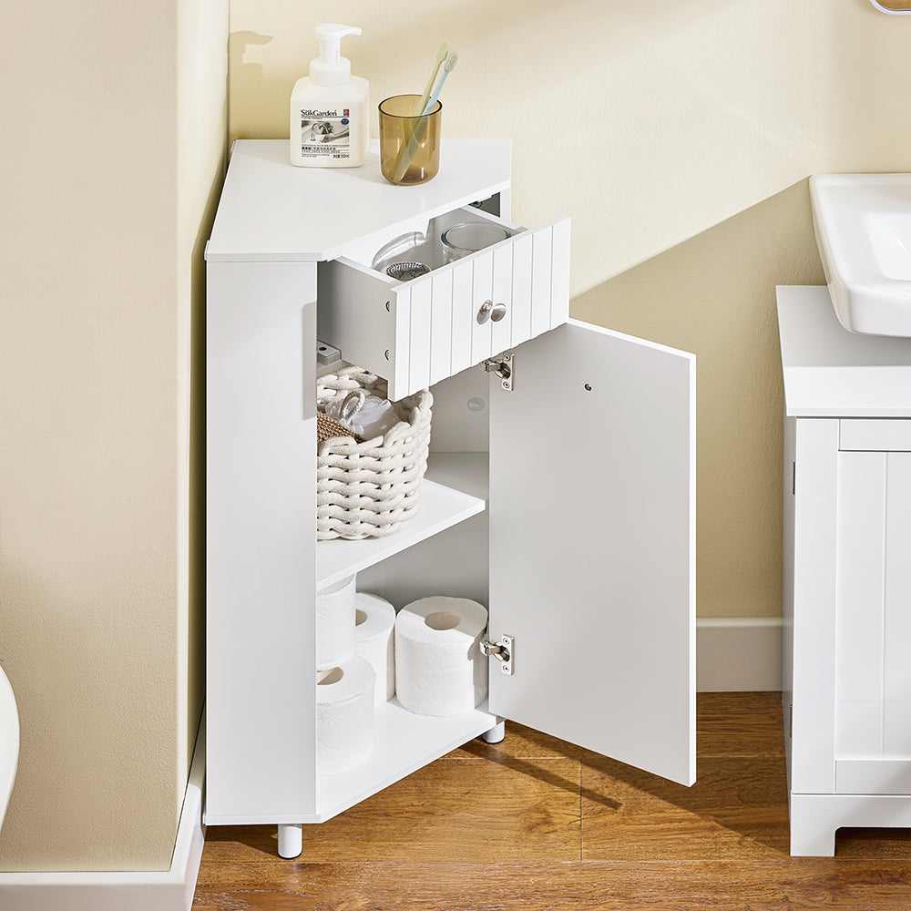 SoBuy BZR194-W Meuble de salle de bain d'angle blanc - Meuble de rangement étroit avec tiroir et porte - 44x31x80 cm