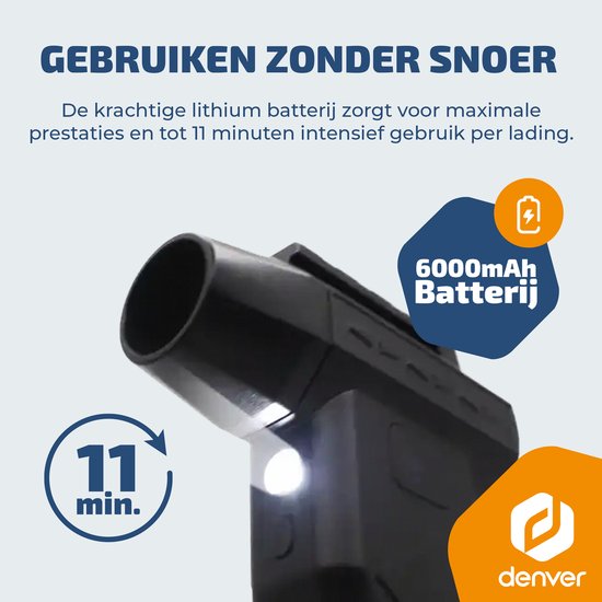 Denver Air Duster - Souffleur d'air - Air comprimé - Compressed Air - Nettoyeur anti-poussière - 2 embouts - 110 000 tr/min - Sans fil et rechargeable - 6 000 mAh - HJB172