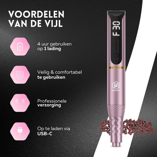 Beeperfect® Lime à ongles électrique sans fil édition Pro - Moulin à ongles - Ensemble manucure et pédicure - Rechargeable - 11 embouts et 60 rouleaux de ponçage - 30 000 tr/min - Rose