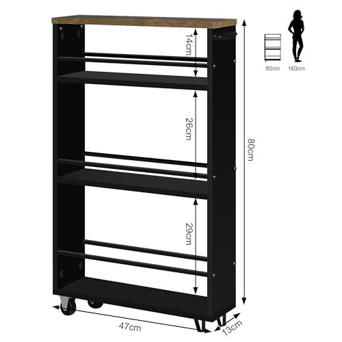 Woltu Kitchen Trolley with 3 Levels - étagère de cuisine en bois avec roues et poignée - Vintage Brown Black - 47 x 80 x 13 cm