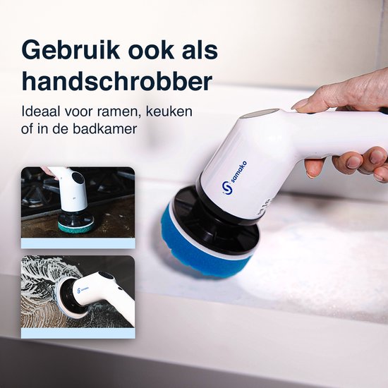 Samako Brosse de nettoyage électrique - Autolaveuse électrique - Brosse de nettoyage étanche IPX6 avec manche - 9 accessoires - Polisseuse - Autolaveuse