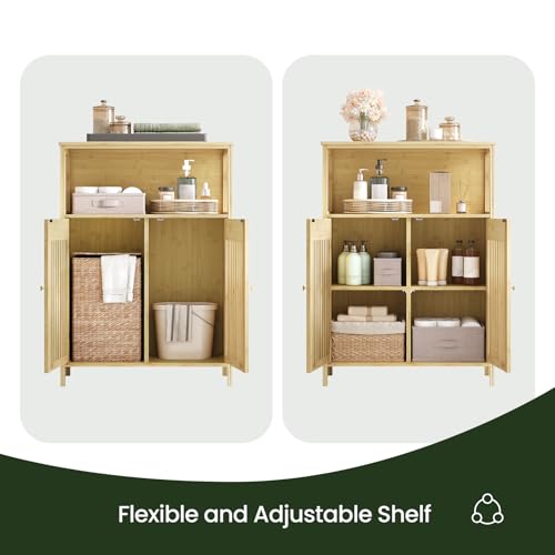 Eugad Armoire de salle de bain avec 2 portes à lamelles et étagères réglables - Couleur bambou 70 x 98 x 32 cm