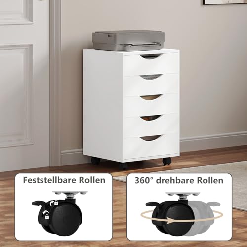 Woltu Armoire de bureau avec 5 tiroirs - Armoire de rangement mobile - Blanc - 40 x 40 x 66,5 cm