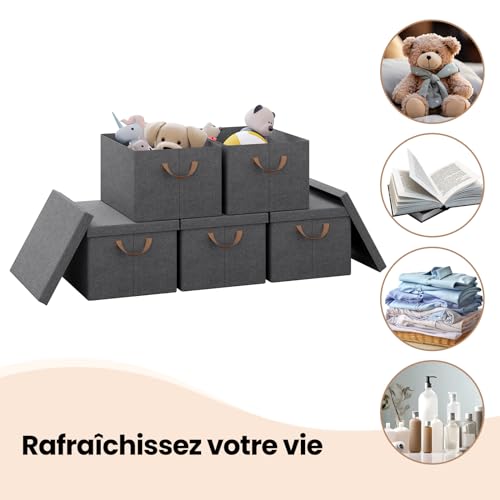 Woltu Storage Boxes Set of 5 - Grey Foldable Boxes with Lid and Handles - Fabric Storage Baskets 43 x 26 x 33 cm