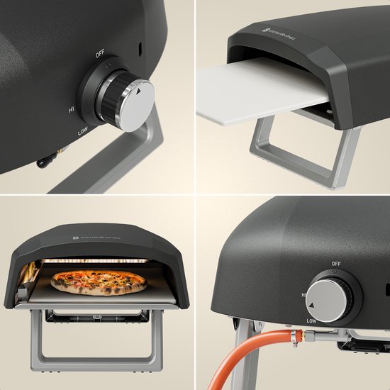 Four à Pizza - KitchenBrothers - Gaz - Pliable - Pierre à Pizza - Double Brûleur - Four pour l'extérieur - Noir/Gris