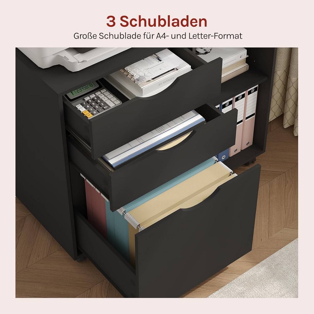 Armoire à dossiers Woltu - Sur roulettes - 3 tiroirs - 80 x 70 x 40 cm - Noir