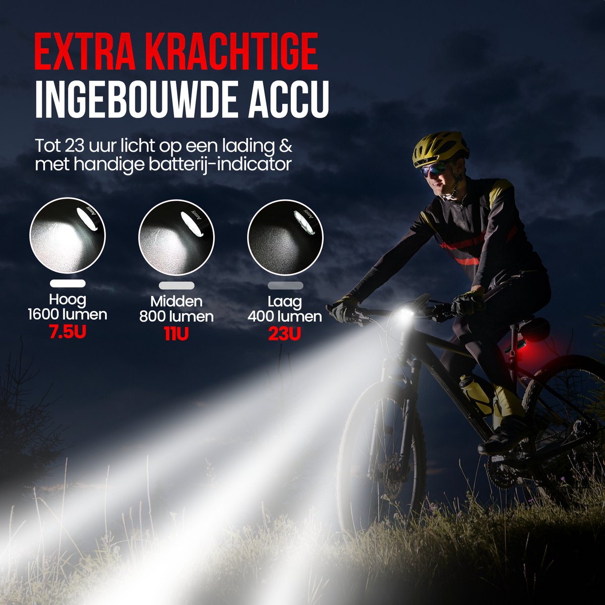 Strex Bicycle Light Set - LED 1600 Lumen Front and Rear Light - USB Rechargeable - Waterproof - Includes Powerbank function