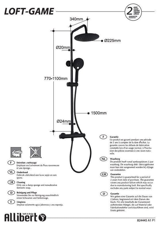 Colonne de douche Allibert Loft-Game - Douche pluie - Ø 22,5 cm - Avec mitigeur thermostatique - Noir mat