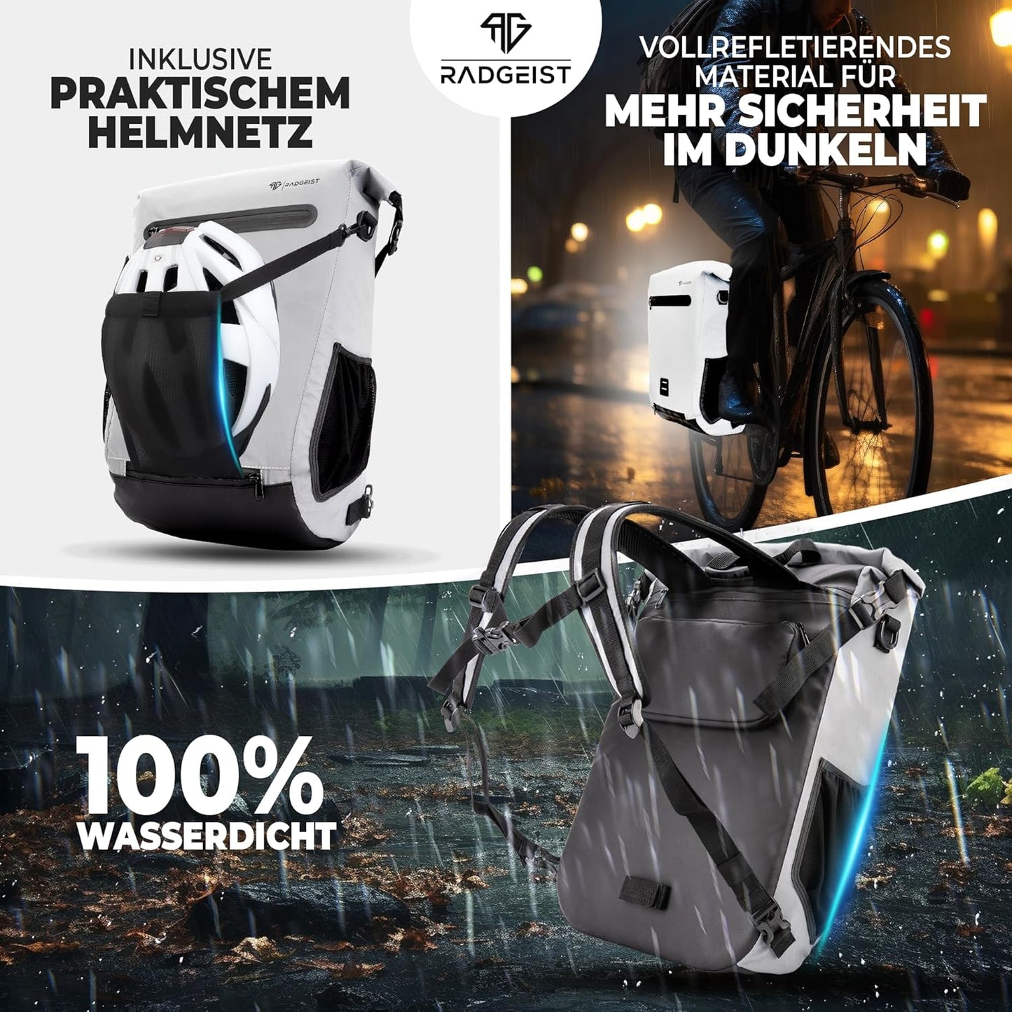 RADGEIST sacoche vélo pour porte-bagages I sacoche vélo & sac à dos I sacoche vélo 100% étanche (réfléchissant)