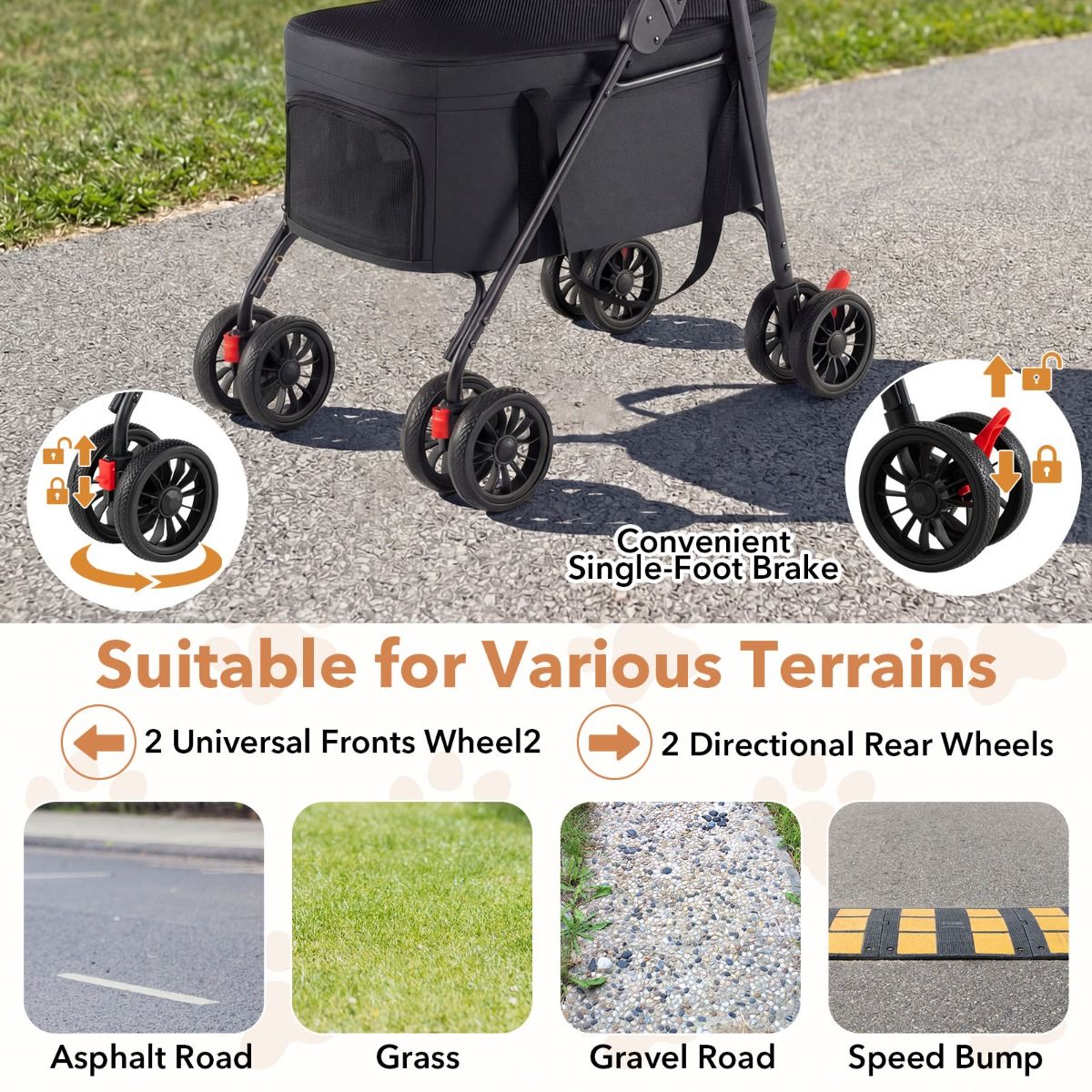 Chariot pliable double pour animaux de compagnie Coast - 3-en-1 avec caisses de transport amovibles - roues tout-terrain - noir