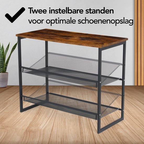 Brixy Shoe Rack - Industriel - Bois - Métal - 64x30x52cm - Vintage - Meuble à chaussures - Marron/Noir