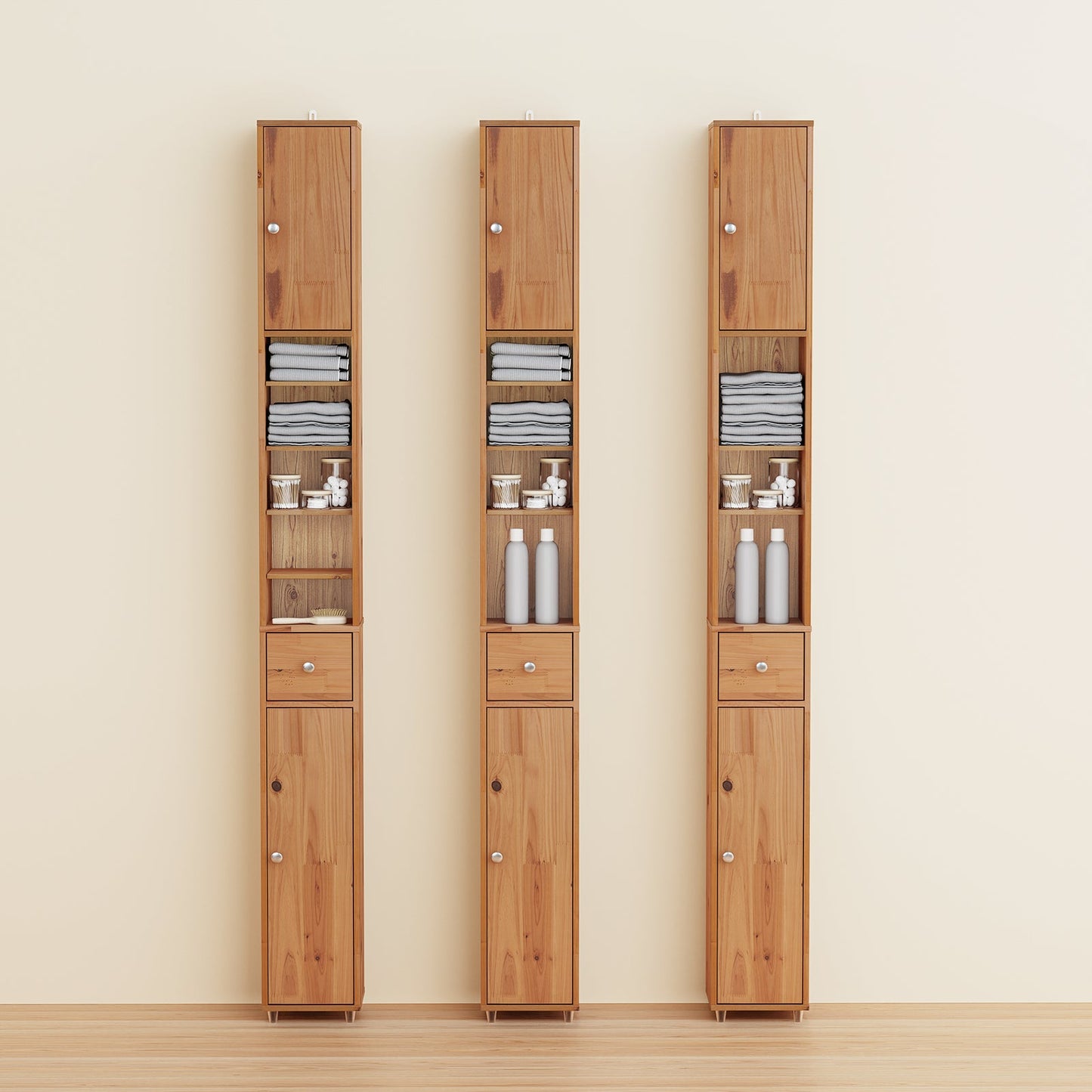 SoBuy BZR34-II-SH Grand meuble de salle de bain étroit - couleur bois - 20 x 20 x 180 cm - autoportant, en bois massif résistant à l'eau, avec étagères et tiroirs réglables