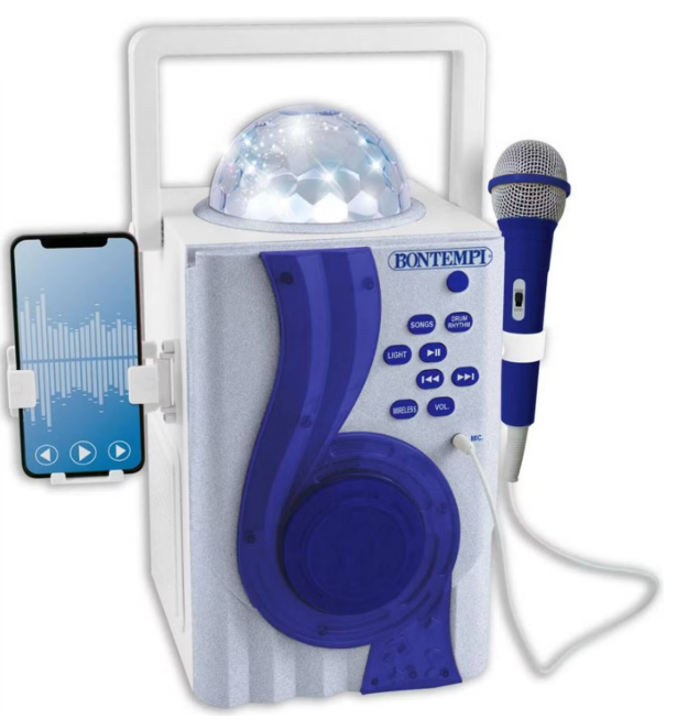 Bontempi Boom Box Karaoké sans fil avec lumière disco - 23 x 10 x 28 cm - Blanc avec bleu