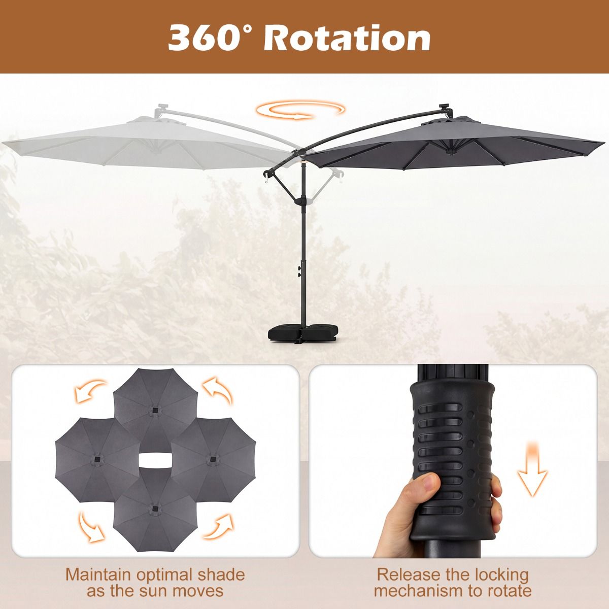 Parasol de jardin Coast à énergie solaire - Éclairage LED - Orientable à 360° - Gris