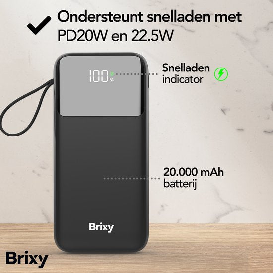 Brixy Powerbank - 20 000 mAh - Chargement rapide 22,5 W - Affichage LED - USB-A/USB-C - Pour iPhone et Samsung, entre autres - Noir