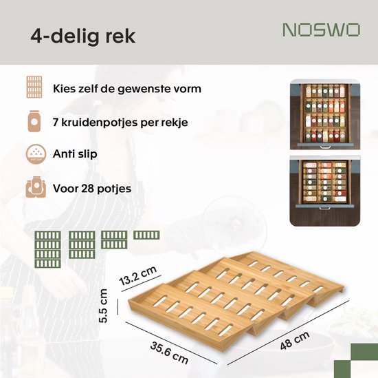 Noswo Spice Rack Drawer - 4 Layer - For 28 Spice Jars - stainless steel - Spice Organiser - Kitchen Drawer Organiser - Bamboo
