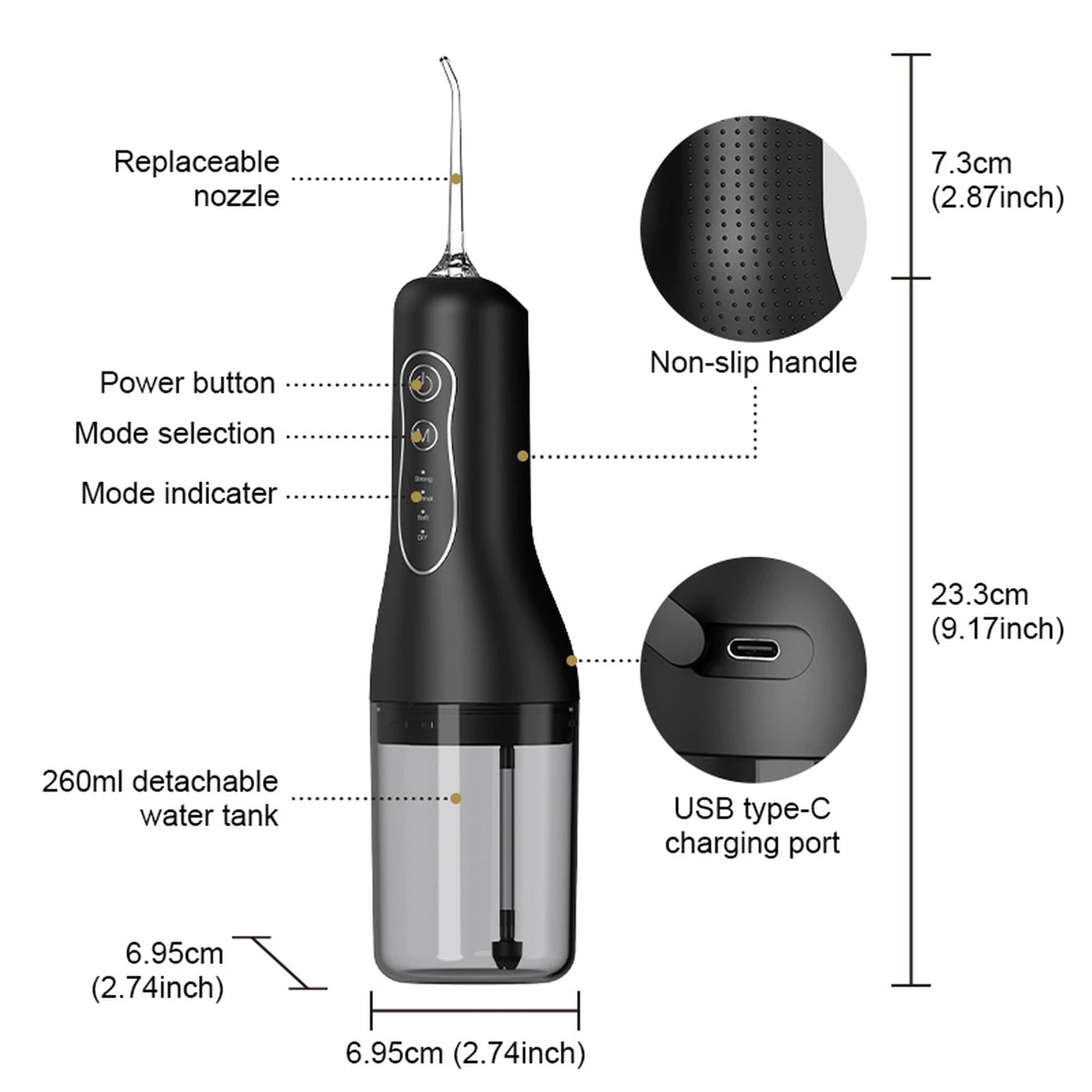 Hydropulseur sans fil Sunluxy L5 - Noir - 140 PSI - 4 modes - Réservoir de 260 ml - 5 embouts - IPX6 - 7,4 x 7 x 24 cm
