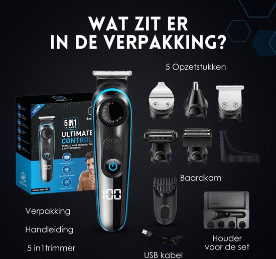 Tondeuse à barbe 5 en 1 pour hommes - 5 accessoires interchangeables - Tondeuse pour le corps et la barbe - Tondeuse pour le corps - Tondeuse pour le nez et les oreilles