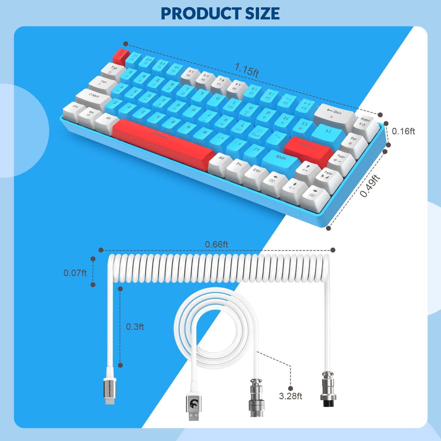 Clavier gaming YINDIAO T8 60 %, 68 touches, compact, filaire, mini-clavier mécanique avec rétroéclairage Chroma RGB à 18 couleurs, commutateurs rouges, câble spiralé USB-C, pour PC et Mac — gris clair