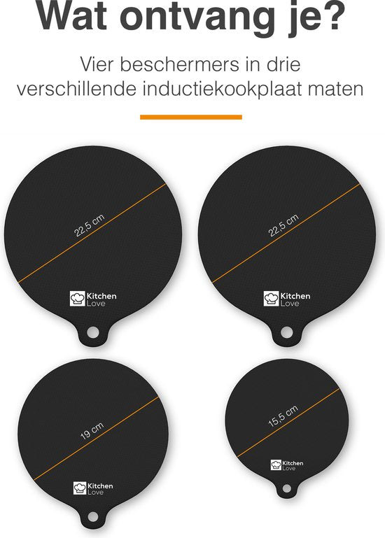 KitchenLove Induction Protector - Mat Round - 4 Pieces 3 Sizes - Pan Protector Mat - Heat Resistant up to 240°C - Black