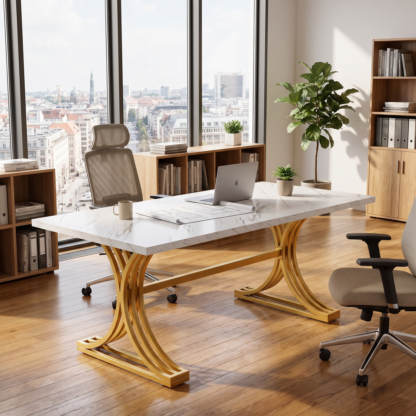 Table de réunion Lantine 160 x 80 cm - Pour 4 à 6 personnes - Marbre synthétique blanc et doré - Pieds métalliques modernes