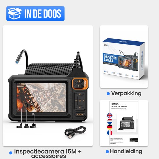 Endoscope Strex avec écran 15M - Caméra d'inspection - Caméra d'égout avec image HD - Étanche IP67 - Éclairage LED réglable