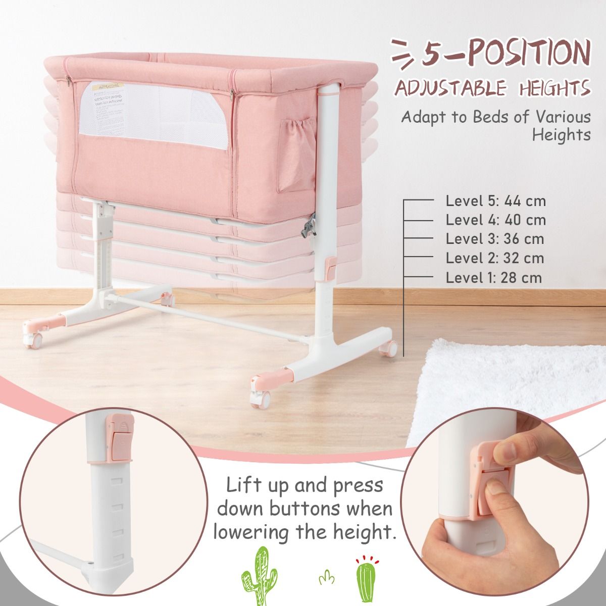 Berceau 3-en-1 Coast - 86x63x65-81 cm - Rose - Ajustable, inclinable et portable avec matelas, sac de rangement et sac de voyage