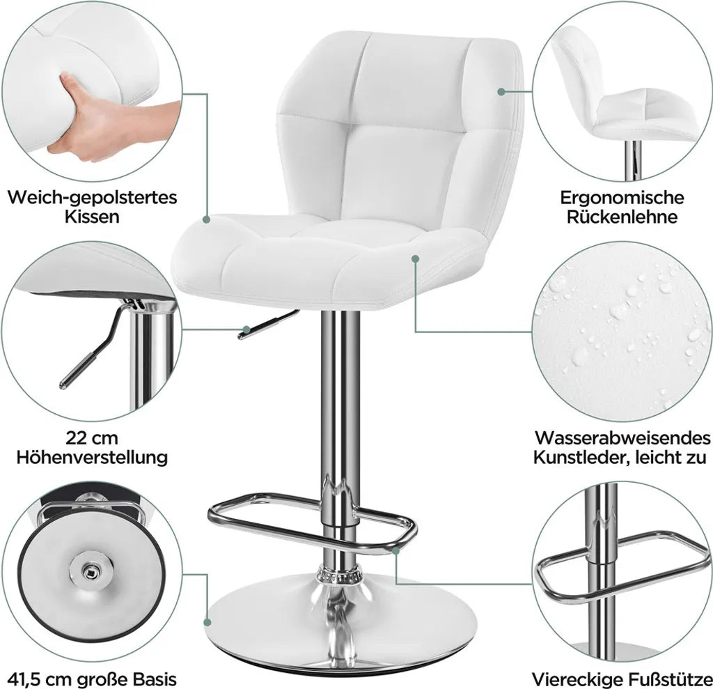 Lot de 2 tabourets de bar Yaheetech - Blanc - Tabourets de bar pivotants à 360° et réglables, avec dossier et repose-pieds
