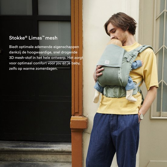 Stokke Limas Mesh, Glacier Green - Porte-bébé respirant fabriqué à partir de tissus de haute qualité - Convient aux bébés à partir de 1 mois / 4-15 kg - Comprend une pochette amovible pour les affaires indispensables