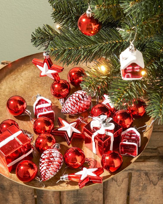 Black Box Trees Joy Artificial Christmas Tree with 26 Ornaments and LED Lights - H90 x Ø50 cm - Green, Red