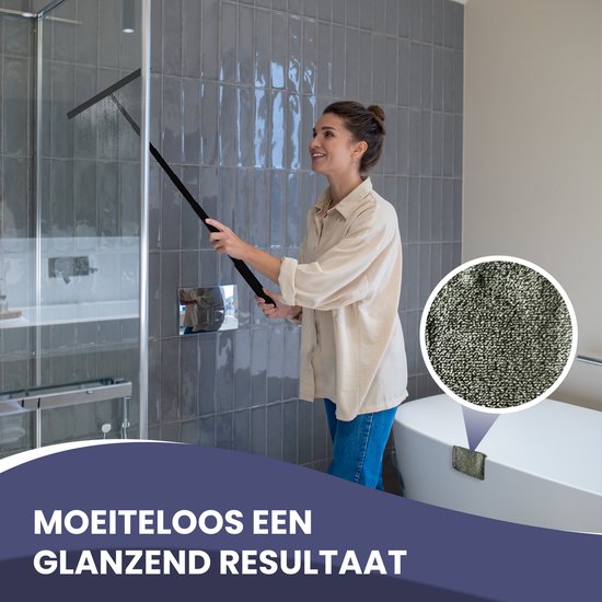TTD® Essuyeur de douche 2-en-1 avec long manche extensible - 97 cm - Lame d'essuyage en silicone - Ergonomique - Avec chiffon en microfibre et crochet de suspension - Essuyeur de douche - Essuyeur de sol de salle de bains - Raclette de sol - Noir