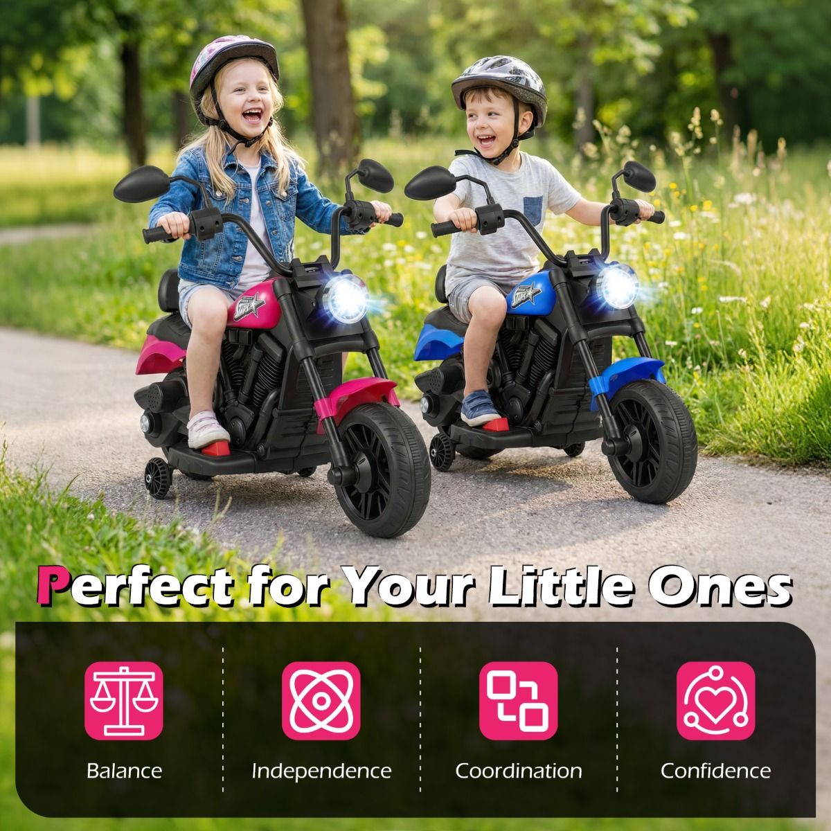 Motocyclette pour enfants Coast 6 V avec musique et phare à LED - 83 x 52 x 57 cm - Rose