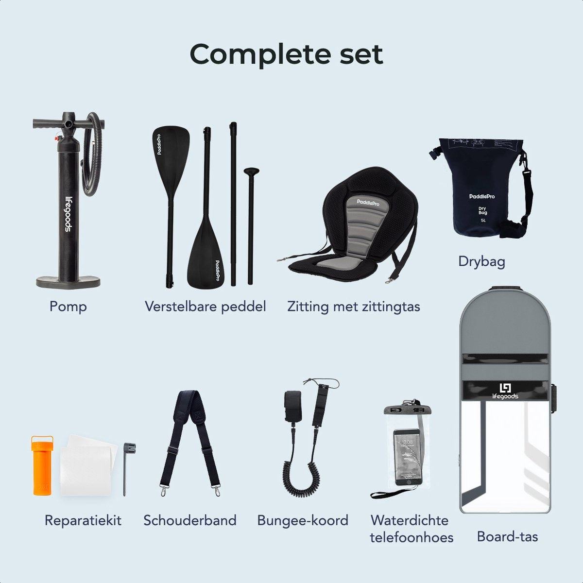 LifeGoods SUP Board - Deluxe Set - avec siège - Planche à pagaie gonflable - Max. 135KG - 320x81cm - Blanc