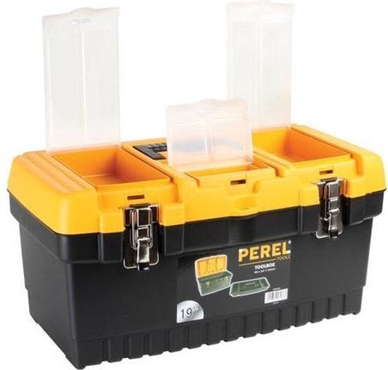 Perel Mallette à outils, polypropylène, avec plateau amovible, 3 organiseurs dans le couvercle, poignée rabattable et fermetures métalliques, noir/jaune, 486 x 267 x 242 mm