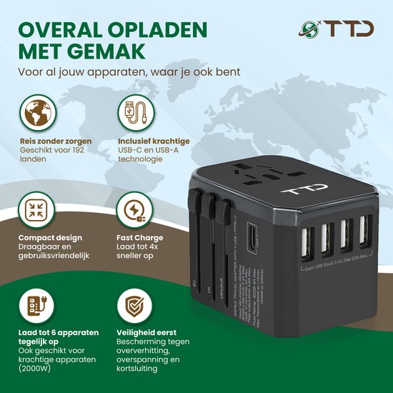 TTD® World Universal Plug - Prise de voyage de type A B C E F G I avec USB-C et charge rapide 4x USB-A - Convient pour l'Amérique, l'Australie, l'Angleterre et le Japon, entre autres - Adaptateur de voyage - Travel Adapter