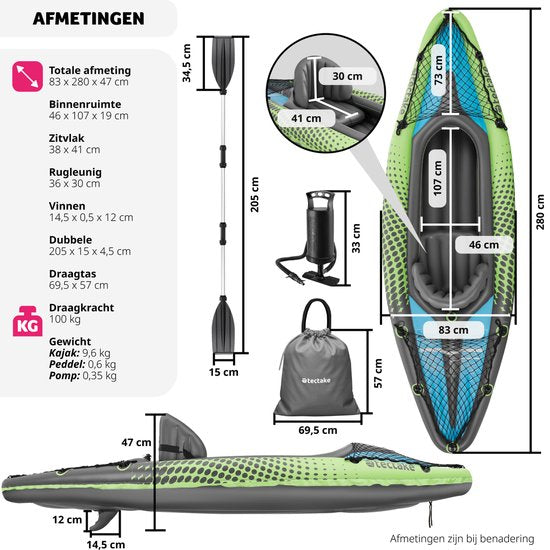 tectake® - Inflatable Kayak - Canoë gonflable pour 1 personne avec pagaie double et accessoires - Siège, pompe, sac de transport - Sports nautiques - Bateau à rames