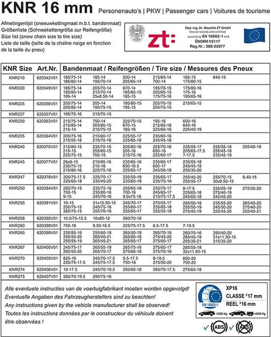 Chaînes à neige ProPlus - KNR255 - Maillons en acier de 16 mm - Label de qualité Önorm - Sécurité - Pneus - Installation rapide et facile - Compatibles avec différentes tailles de pneus - Maillons de réparation et mallette inclus - Lot de 2 - Véhicule 4x4