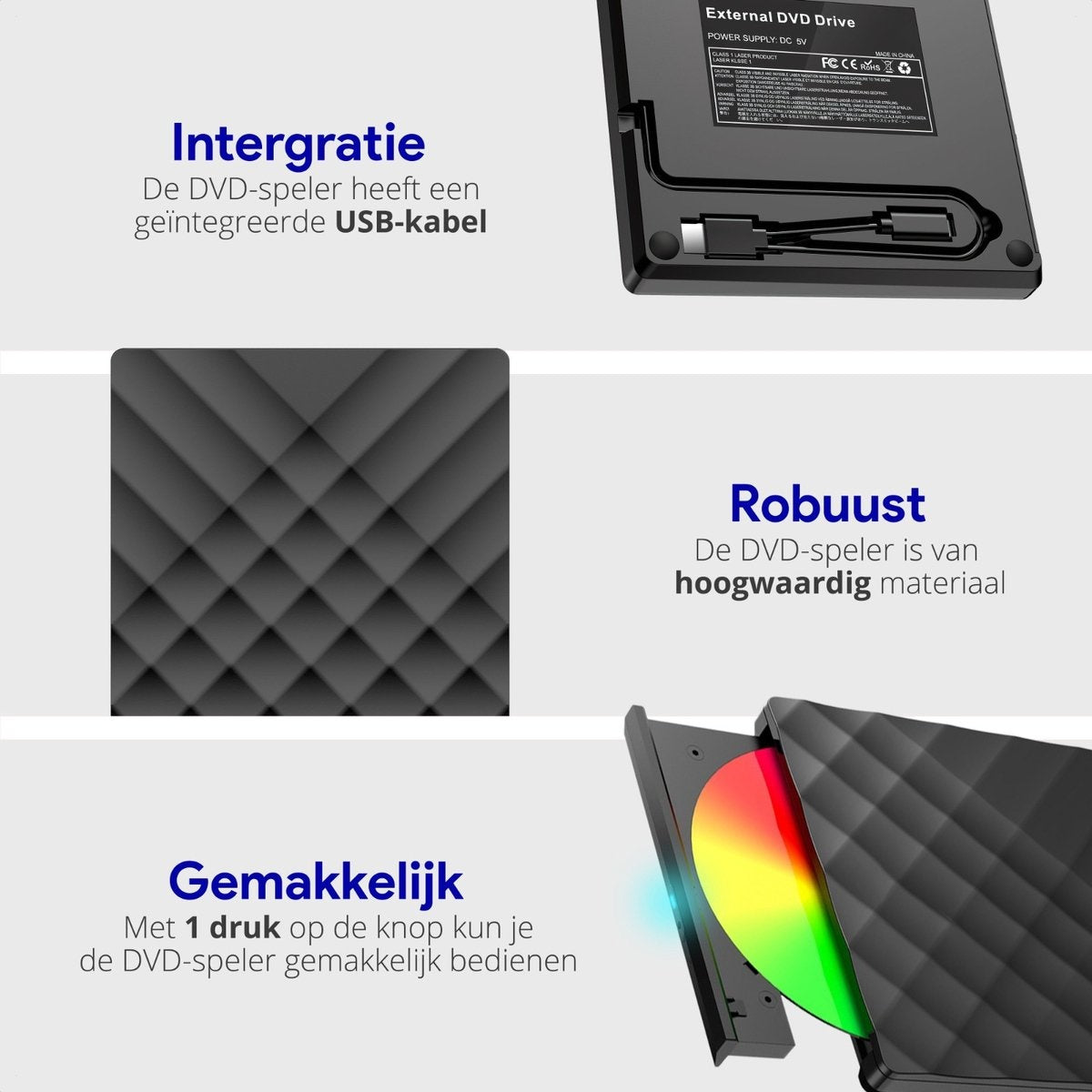 WADU lecteur DVD externe pour ordinateur portable - Lecteur optique et graveur - Lecteur DVD/CD - Convient aux ordinateurs portables et Macbook - Mini USB et USB C