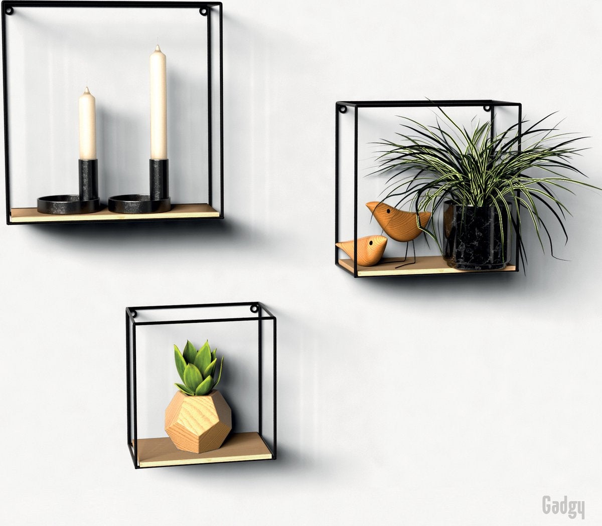 Gadgy Wandrekken Industrieel - Set van 3 - Vierkant Wandrek Zwart - Wanddecoratie Woonkamer - Muurdecoratie Hout - Wandplank zwevend voor Slaapkamer - 32, 27 en 22 cm